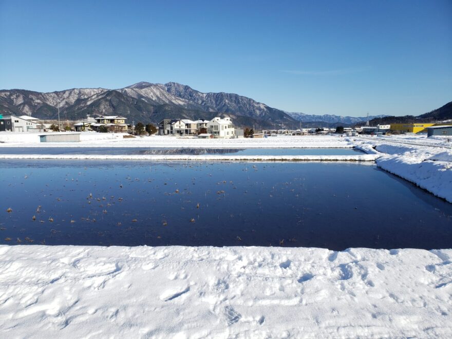 富士吉田市農村公園　水のはった田んぼと雪景色